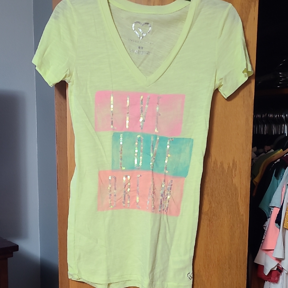 Aeropostale Yellow Tee with Pink and Blue Accents